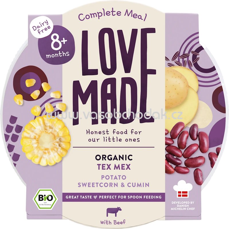 LoveMade Organics Menü Tex Mex mit Kartoffeln, Rindfleisch, Mais, Kreuzkümmel, ab 8 Monaten, 185 g LoveMade Organics Menü Tex Mex mit Kartoffeln, Rindfleisch, Mais, Kreuzkümmel, ab 8 Monaten, 185 g