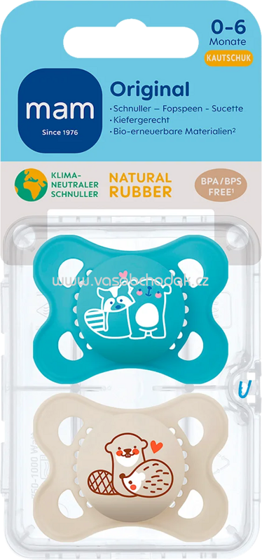 mam Schnuller Original Kautschuk, blau/beige, 0-6 Monate, 2 St