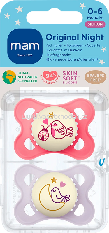 mam Schnuller Original Night Silikon pink/lila, 0-6 Monate, 2 St