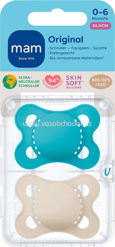 mam Schnuller Original plain Silikon blau/creme, 0-6 Monate, 2 St
