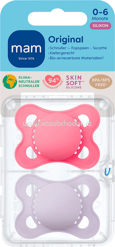 mam Schnuller Original plain Silikon pink/lila, 0-6 Monate, 2 St