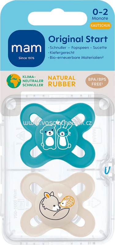 mam Schnuller Original Start Kautschuk, blau/creme, 0-2 Monate, 2 St