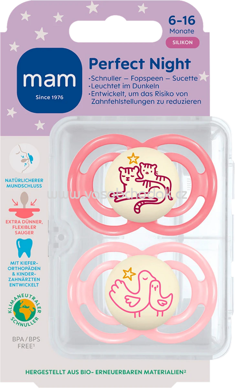 mam Schnuller Perfect Night Silikon, pink/rosa, 6-16 Monate, 2 St mam Schnuller Perfect Night Silikon, pink/rosa, 6-16 Monate, 2 St