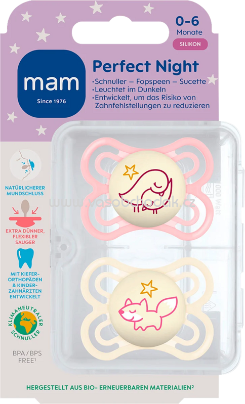 mam Schnuller Perfect Night Silikon, rosa/creme, 0-6 Monate, 2 St