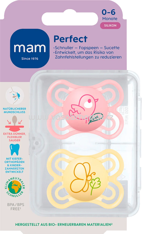 mam Schnuller Perfect Silikon, rosa/gelb, 0-6 Monate, 2 St