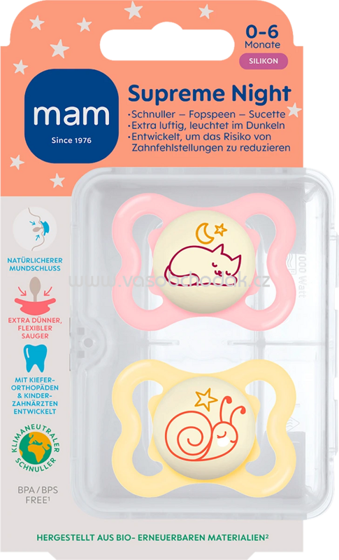 mam Schnuller Supreme Night Silikon, rosa/gelb, 0-6 Monate, 2 St