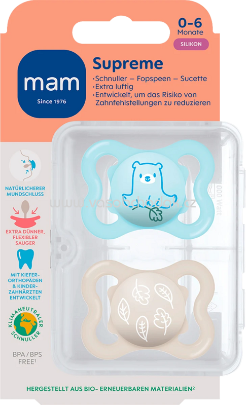mam Schnuller Supreme Silikon, blau/creme, 0-6 Monate, 2 St