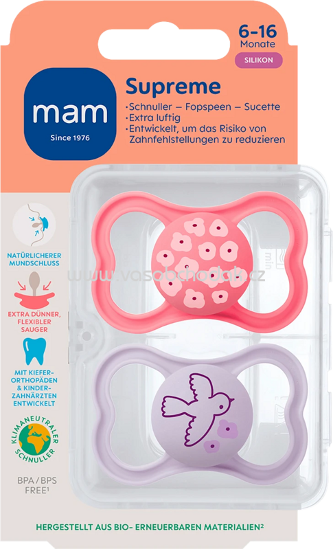 mam Schnuller Supreme Silikon, pink/lila, 6-16 Monate, 2 St