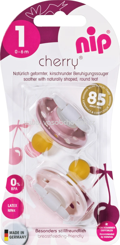Nip Schnuller Cherry aus Latex, Größe 1, 0-6 Monate, rosa/pink, 2 St