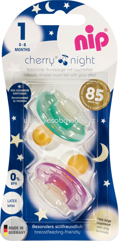 Nip Schnuller Cherry Night aus Latex, Größe 1, 0 - 6 Monate, Girl, 2 St Nip Schnuller Cherry Night aus Latex, Größe 1, 0 - 6 Monate, Girl, 2 St