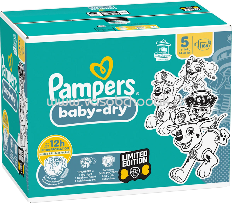 Pampers Windeln Baby Dry Gr.5, 11-16 kg, Limited Edition Paw Patrol, Monatsbox, 186 St Pampers Windeln Baby Dry Gr.5, 11-16 kg, Limited Edition Paw Patrol, Monatsbox, 186 St