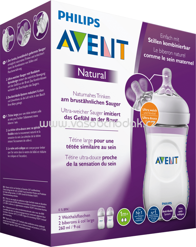 Philips AVENT Flasche Natural 2.0 mit Silikonsauger, ab 1+ Monate, 2x260 ml, 2 St