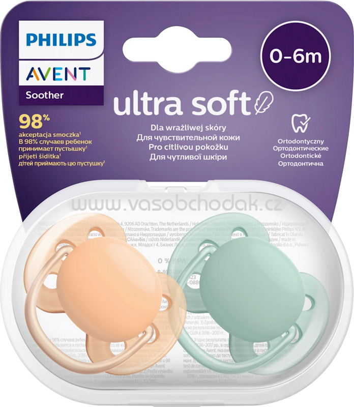 PHILIPS AVENT Schnuller ultra soft Silikon, apricot/grün, 0-6 Monate, 2 St