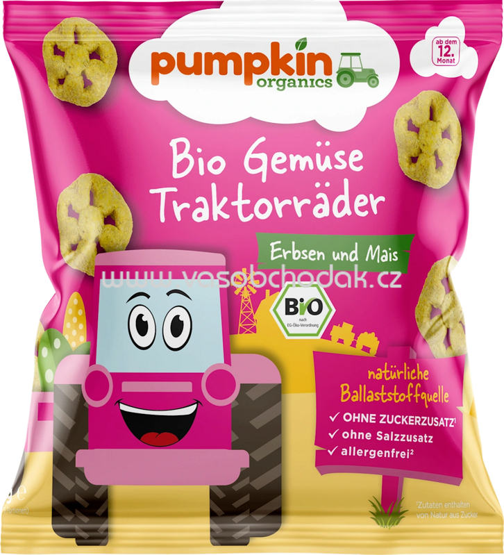 Pumpkin Organics Kindersnack Gemüse Traktorräder Erbsen & Mais, ab 12. Monaten, 20 g