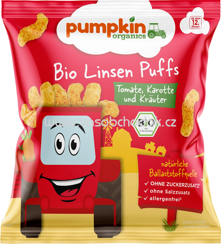 Pumpkin Organics Kindersnack Linsen Puffs mit Tomate, Karotte & Kräutern ab 1 Jahr, 20 g