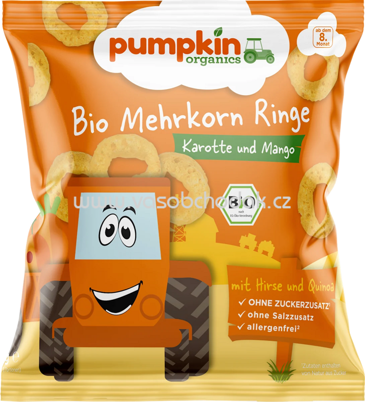 Pumpkin Organics Kindersnack Mehrkorn Ringe mit Karotte & Mango, ab 8 Monaten, 20 g Pumpkin Organics Kindersnack Mehrkorn Ringe mit Karotte & Mango, ab 8 Monaten, 20 g