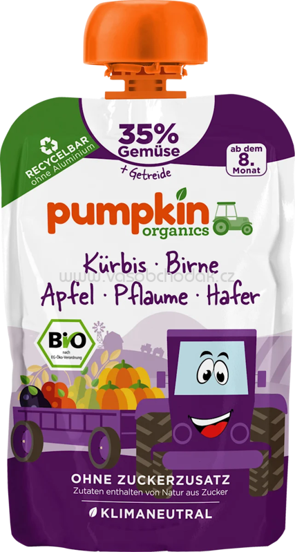 Pumpkin Organics Quetschie Kürbis, Birne, Apfel, Pflaume, Hafer, ab dem 8. Monat, 100g Pumpkin Organics Quetschie Kürbis, Birne, Apfel, Pflaume, Hafer, ab dem 8. Monat, 100g