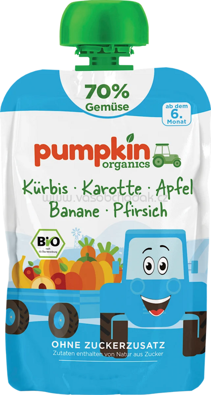 Pumpkin Organics Quetschie Kürbis, Karotte, Apfel, Banane & Pfirsich, ab 6 Monaten, 100 g Pumpkin Organics Quetschie Kürbis, Karotte, Apfel, Banane & Pfirsich, ab 6 Monaten, 100 g