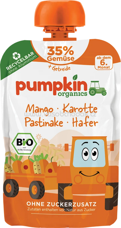 Pumpkin Organics Quetschie Mango, Karotte, Pastinake und Hafer, ab 6 Monaten, 100 g Pumpkin Organics Quetschie Mango, Karotte, Pastinake und Hafer, ab 6 Monaten, 100 g