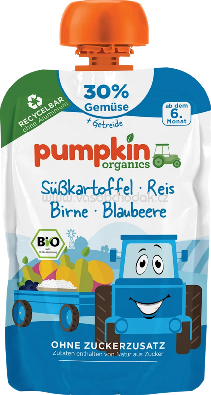 Pumpkin Organics Quetschie Süßkartoffel, Reis, Birne & Blaubeere, ab 6 Monaten, 100 g Pumpkin Organics Quetschie Süßkartoffel, Reis, Birne & Blaubeere, ab 6 Monaten, 100 g