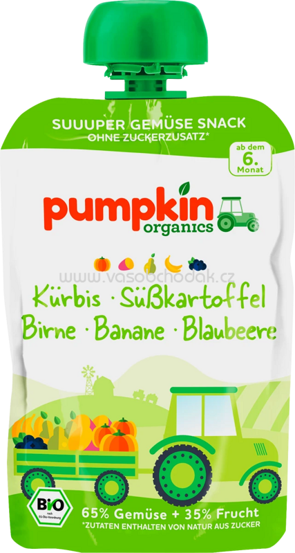 Pumpkin Organics Quetschie Kürbis, Süßkartoffel, Birne, Banane, Blaubeere, ab dem 6. Monat, 100g Pumpkin Organics Quetschie Kürbis, Süßkartoffel, Birne, Banane, Blaubeere, ab dem 6. Monat, 100g