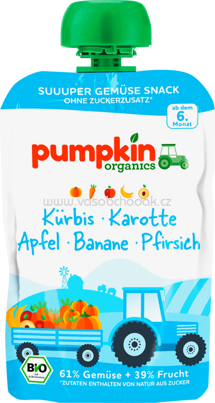 Pumpkin Organics Quetschie Kürbis, Karotte, Apfel, Banane, Pfirsich, ab dem 6. Monat, 100g Pumpkin Organics Quetschie Kürbis, Karotte, Apfel, Banane, Pfirsich, ab dem 6. Monat, 100g