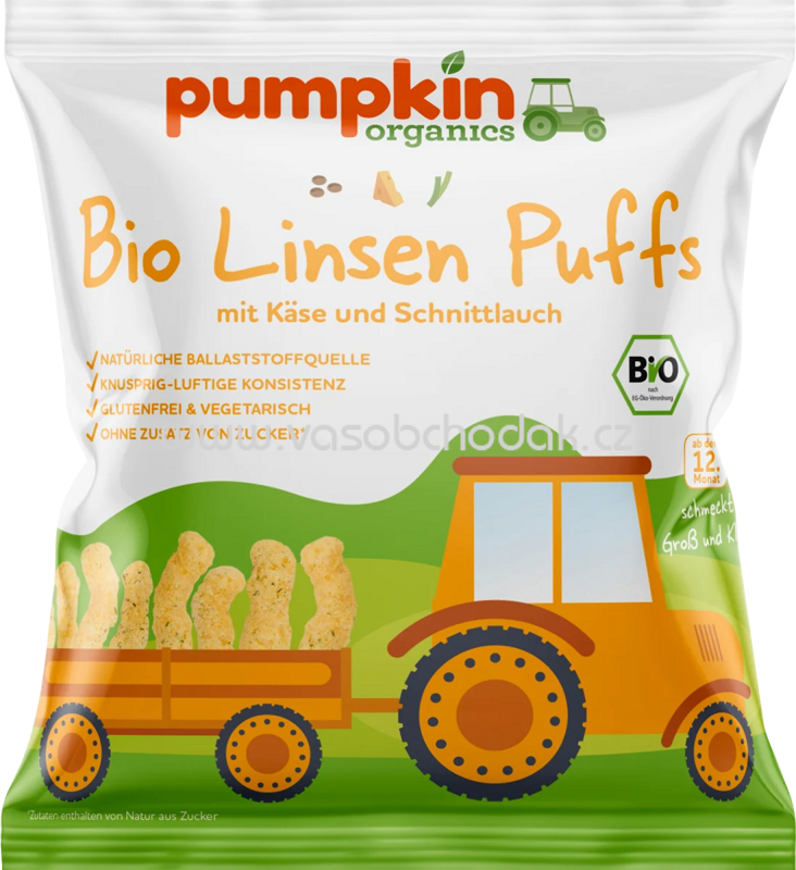 Pumpkin Organics Bio Linsen Puffs mit Käse und Schnittlauch, ab 1 Jahr, 20g