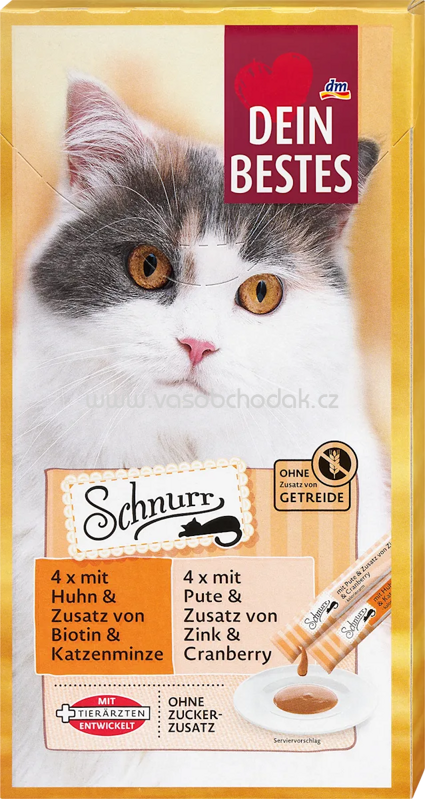 Dein Bestes Schnurr 4x mit Huhn - Biotin & Katzenminze, 4x mit Pute & Zusatz von Zink & Cranberry, 8 St Dein Bestes Schnurr 4x mit Huhn - Biotin & Katzenminze, 4x mit Pute & Zusatz von Zink & Cranberry, 8 St