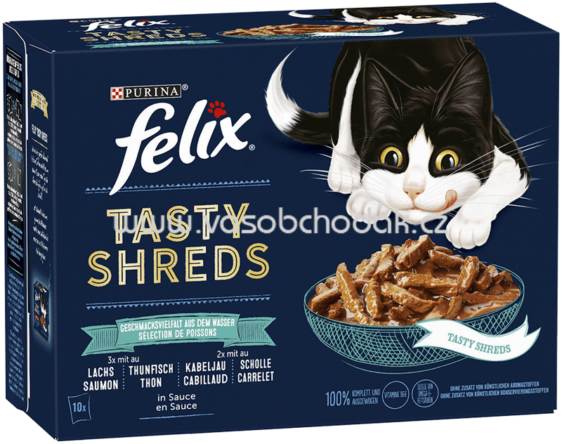 Purina Felix Tasty Shreds Geschmackvielfalt aus dem Wasser in Sauce, 10x80g Purina Felix Tasty Shreds Geschmackvielfalt aus dem Wasser in Sauce, 10x80g