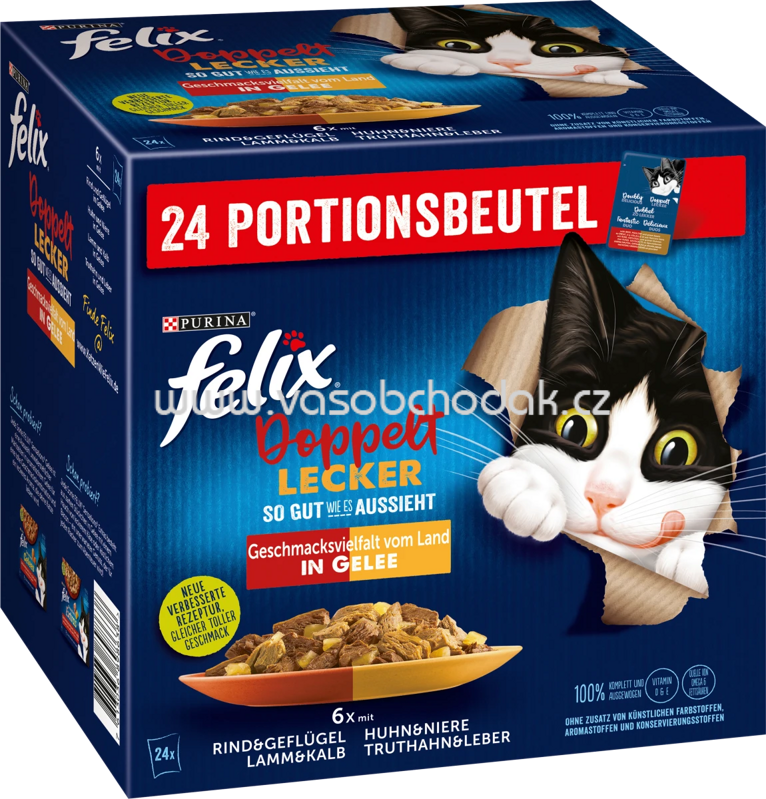 Purina Felix Doppelt lecker Geschmacksvielfalt vom Land in Gelee, 24x85g Purina Felix Doppelt lecker Geschmacksvielfalt vom Land in Gelee, 24x85g