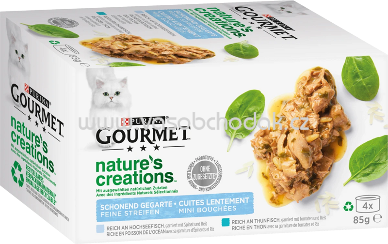 Purina Gourmet Nature's Creations, reich an Hochseefisch, garniert mit Spinat & Reis, reich an Thunfisch, garniert mit Tomaten & Reis, 4x85g