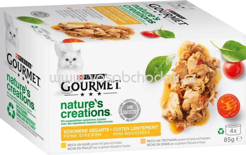 Purina Gourmet Nature's Creations, reich an Huhn, garniert mit Spinat & Tomaten, reich an Truthahn, garniert mit Spinat & Pastinaken, 4x85g Purina Gourmet Nature's Creations, reich an Huhn, garniert mit Spinat & Tomaten, reich an Truthahn, garniert mit Spinat & Pastinaken, 4x85g