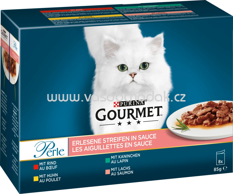Purina Gourmet Perle Erlesene Streifen in Sauce mit Rind, Kaninchen, Huhn, Lachs, 8x85g Purina Gourmet Perle Erlesene Streifen in Sauce mit Rind, Kaninchen, Huhn, Lachs, 8x85g