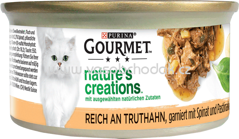 Purina Gourmet Nature's Creations, reich an Truthahn, garniert mit Spinat und Pastinaken, 85g