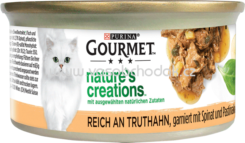 Purina Gourmet Nature's Creations, reich an Truthahn, garniert mit Spinat und Pastinaken, 85g Purina Gourmet Nature's Creations, reich an Truthahn, garniert mit Spinat und Pastinaken, 85g