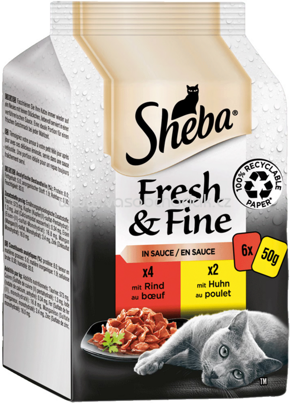 Sheba Portionsbeutel Fresh & Fine in Sauce mit Rind und Huhn, 6x50g