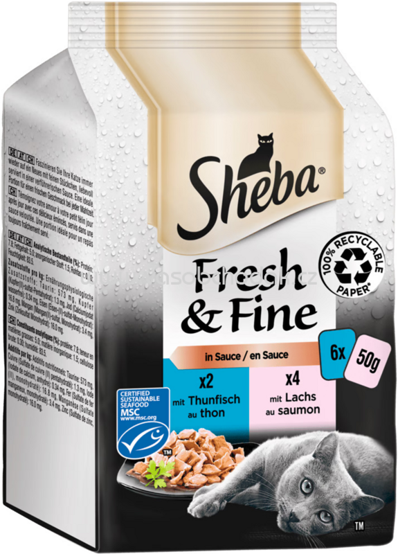 Sheba Portionsbeutel Fresh & Fine in Sauce mit Thunfisch, Lachs, 6x50g Sheba Portionsbeutel Fresh & Fine in Sauce mit Thunfisch, Lachs, 6x50g