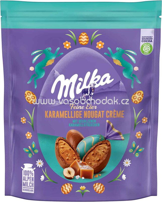Milka Feine Eier Karamellige Nougat-Crème mit gesalzenene Karamellstückchen, 90g