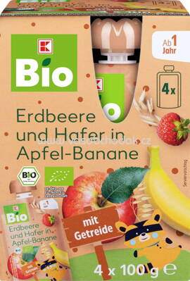 K-Bio Baby Quetschbeutel Erdbeere und Hafer in Apfel-Banane, ab 1 Jahr, 4x100g