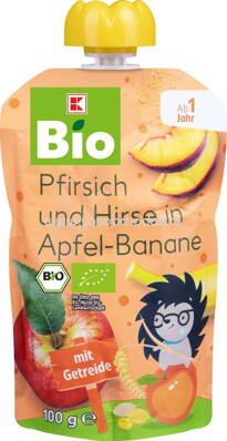 K-Bio Baby Quetschbeutel Pfirsich und Hirse in Apfel-Banane, ab 1 Jahr, 100g
