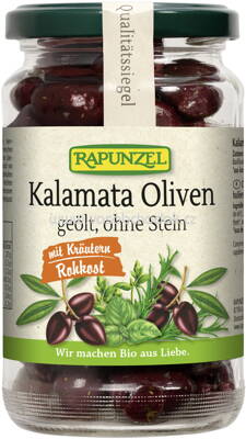 Rapunzel Oliven Kalamata mit Kräutern, ohne Stein geölt, 170g