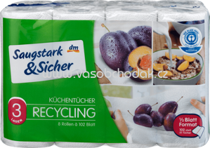 Saugstark&Sicher Recycling Küchentücher, 8x102 Halb-Blatt 8x51 Blatt, 816 Bl