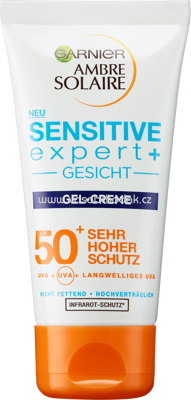 Garnier Ambre Solaire Sonnencreme Gel Gesicht, sensitive expert+, LSF 50+, 50 ml