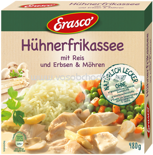 Erasco Hühnerfrikassee in cremiger Spargel-Champignon-Sauce mit Erbsen, Möhren und Reis, 480g
