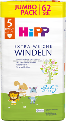 Hipp Babysanft Windeln Gr.5 Junior, Jumbo Pack, 11-17 kg, 62 St