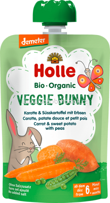 Holle baby food Quetschbeutel Veggie Bunny, Karotte, Süsskartoffel mit Erbsen, ab 6 Monaten, 100g