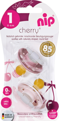 Nip Schnuller Cherry aus Latex, Größe 1, 0-6 Monate, rosa/pink, 2 St