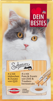 Dein Bestes Snack für Katzen, Schnurr 4 x mit Hühnchen & Zusatz von Q10, 4 x mit Pute & Zusatz von Zink und Traubenkernextrakt, 120 g