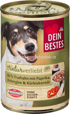 Dein Bestes Nassfutter für Hunde, Naturverliebt, 60 % Truthahn mit Paprika, Aubergine und Kürbiskernöl, 400 g
