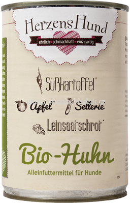 HerzensHund Nassfutter für Hunde, Bio Huhn mit Bio Süßkartoffel, Bio Apfel, Bio Sellerie, Bio Leinsaat, glutenfrei, 400 g - ONL